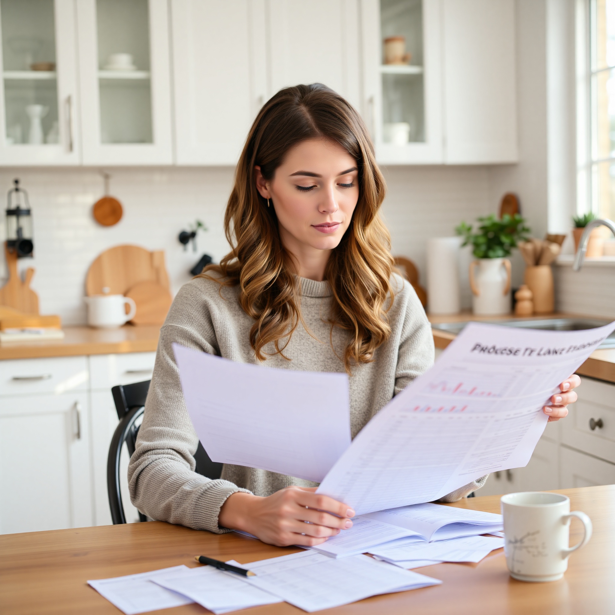 Canadian woman reviewing household budget spreadsheet at kitchen table with receipts and notebook