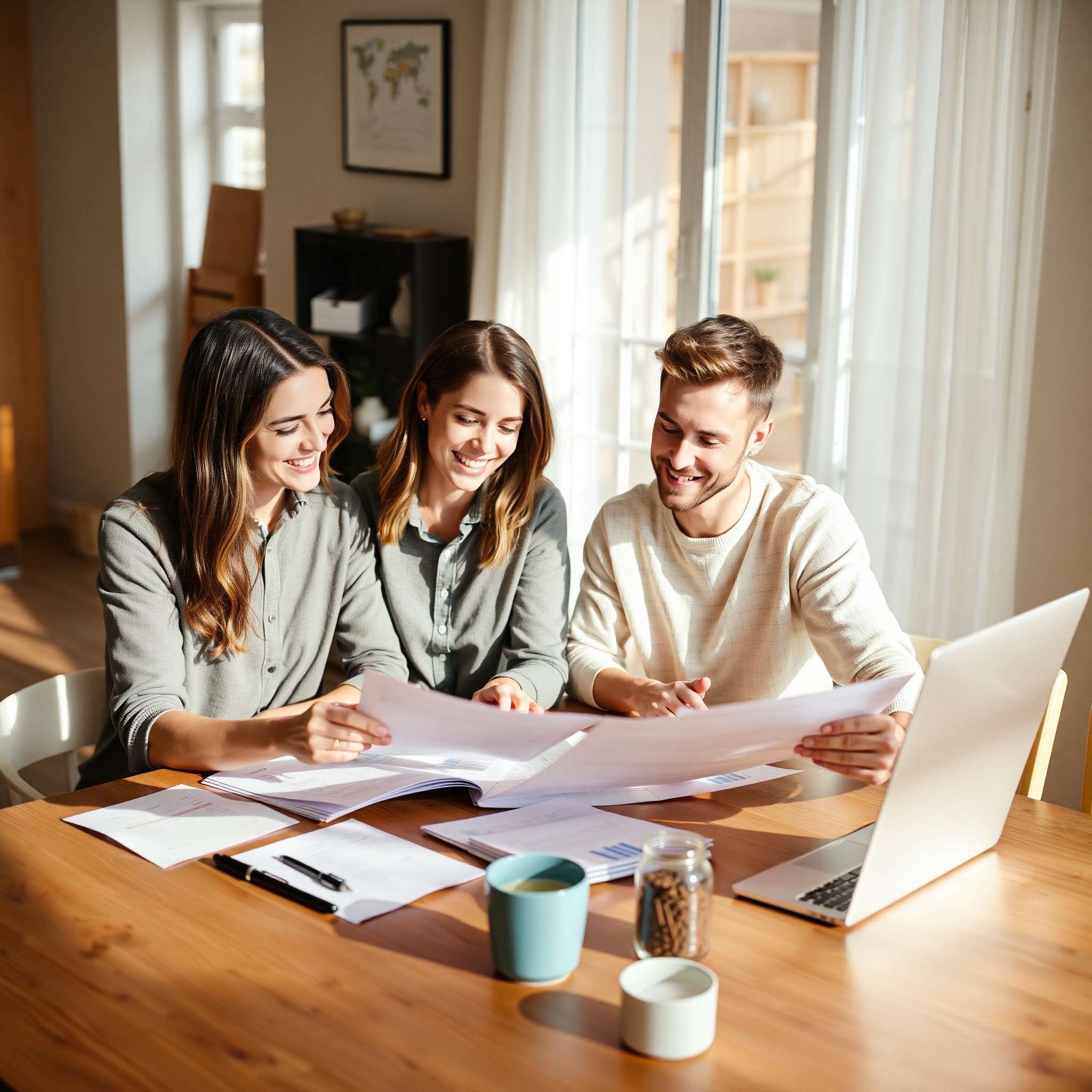 Young couple collaboratively creating household budget plan at dining table with notebooks and financial documents