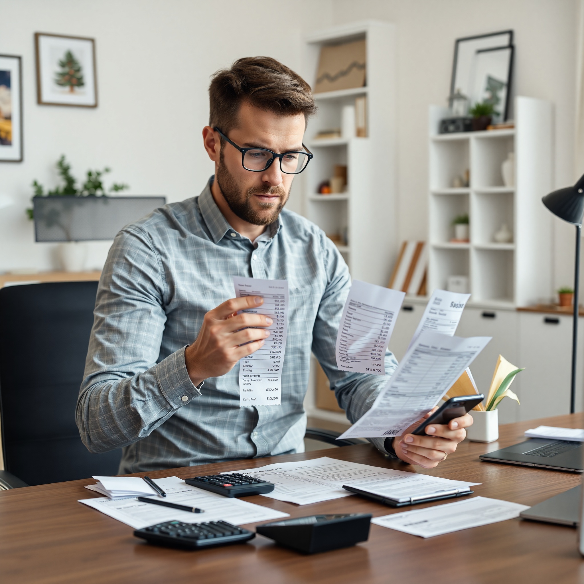 Professional man analyzing grocery receipts and comparing prices on smartphone in home office