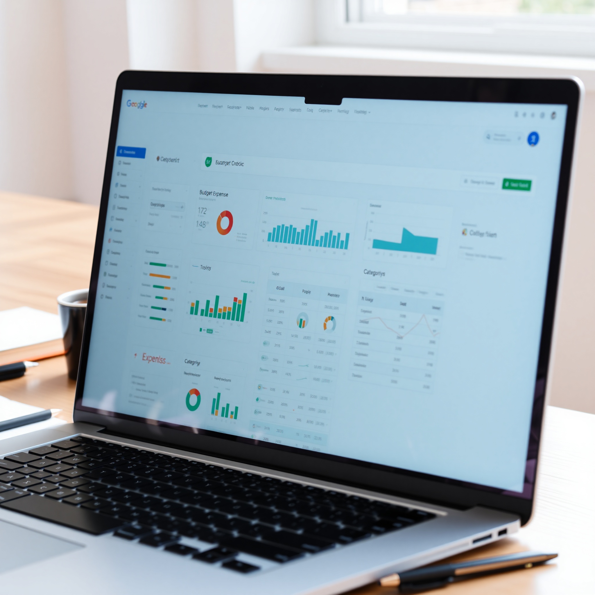 Laptop screen displaying budget tracking application dashboard with expense categories and charts