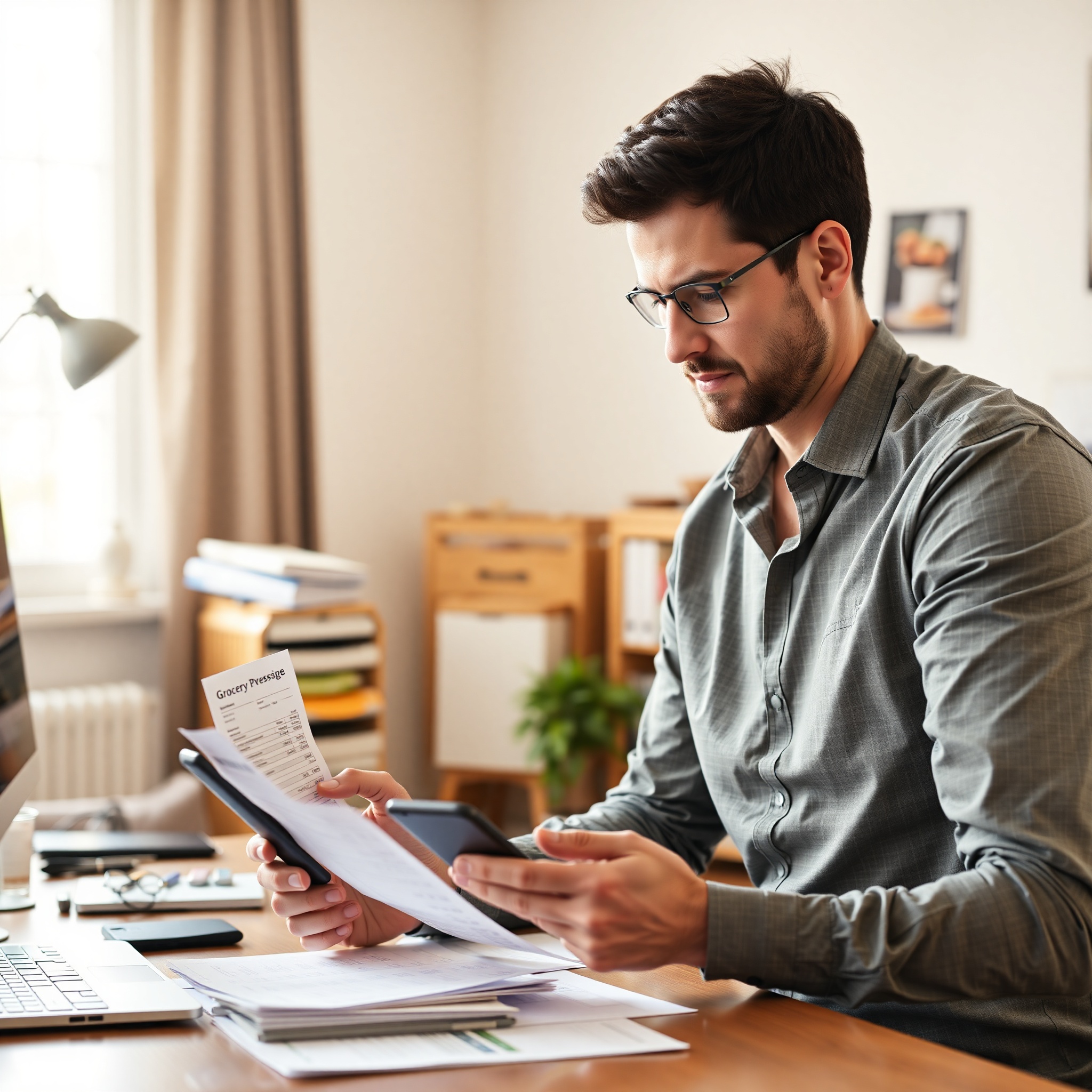 Professional man analyzing grocery receipts and comparing prices on smartphone in home office