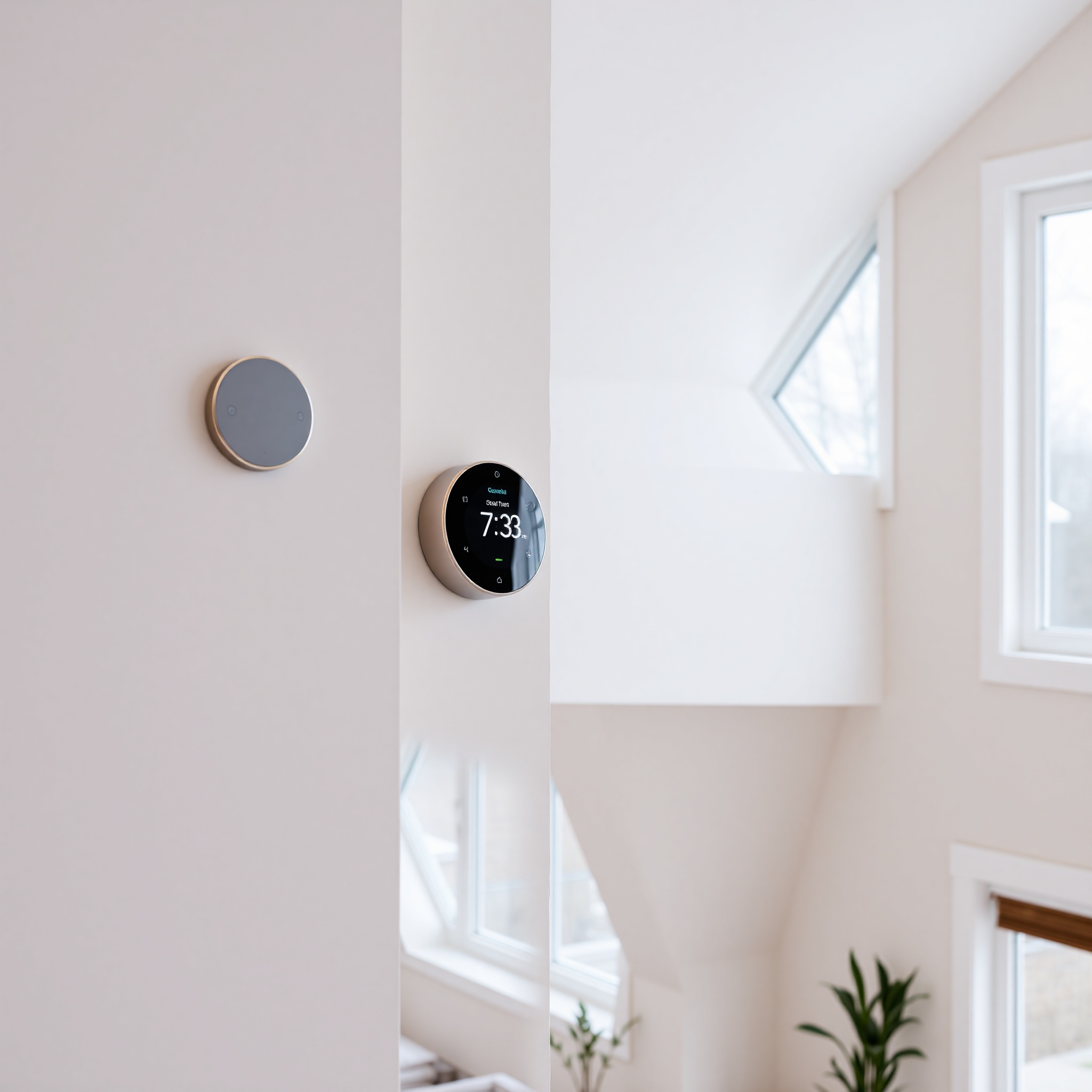 Professional energy efficient home inspection scene showing thermostat, LED lighting, and window weatherproofing in modern Canadian home