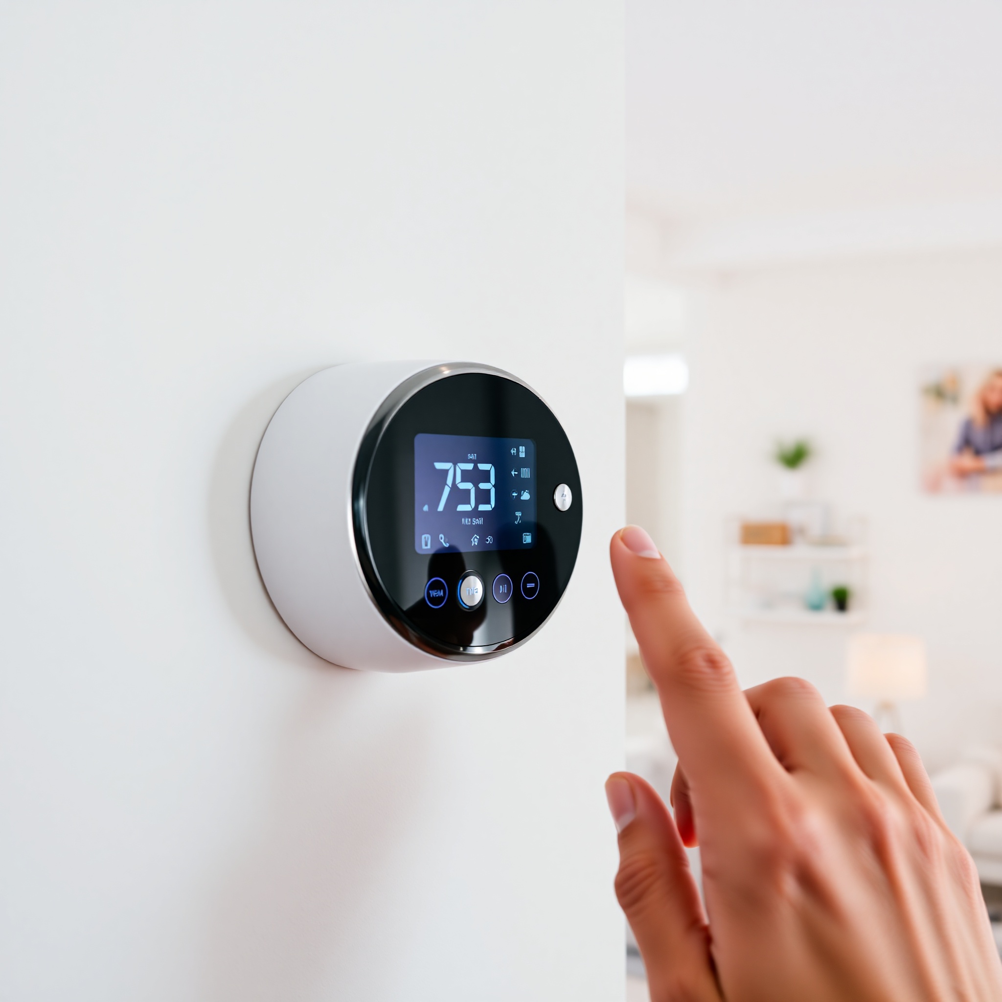 Home thermostat on wall with hand adjusting temperature settings