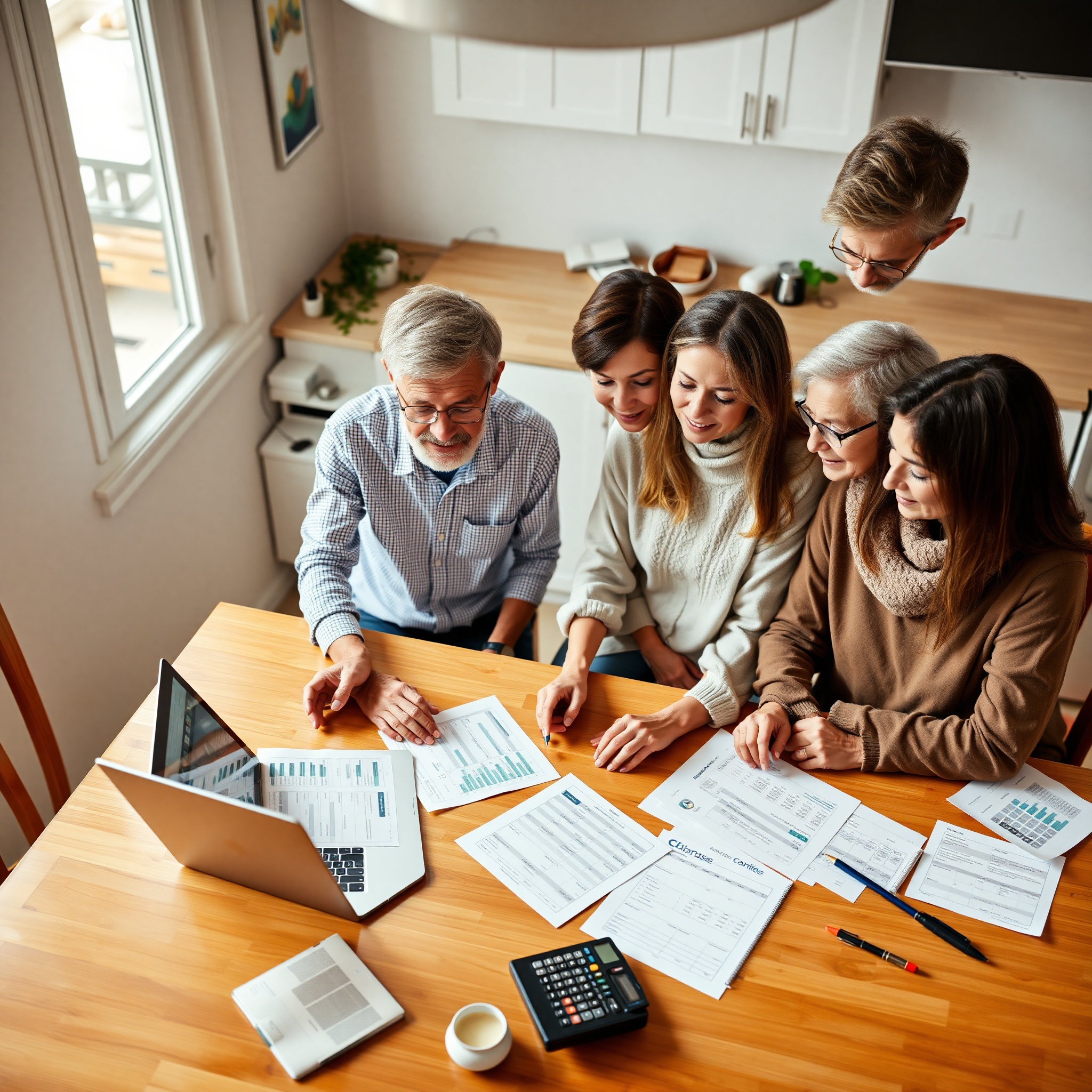 Family reviewing budget spreadsheet at home office desk with calculator and financial documents