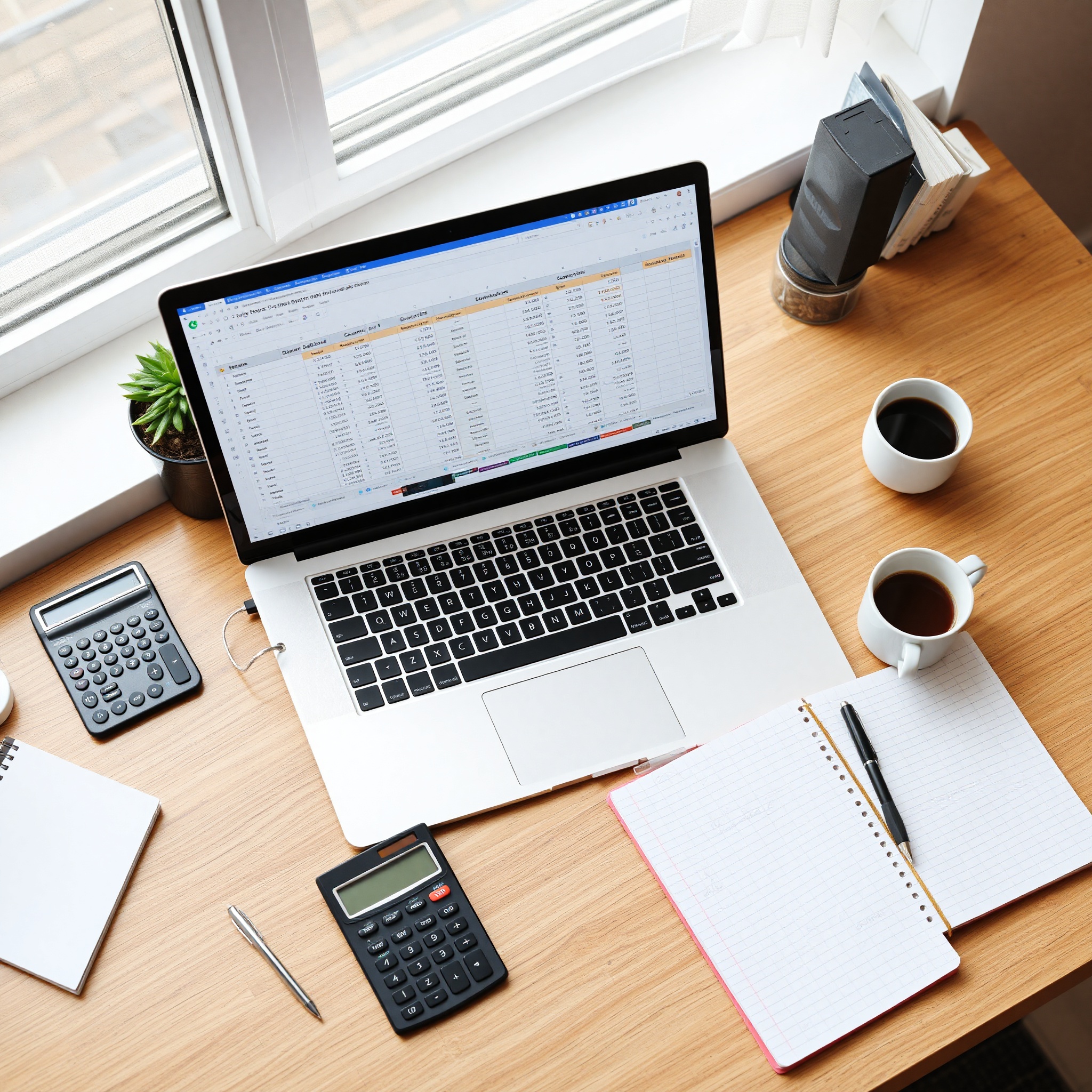 Professional workspace with financial documents, calculator, and laptop showing subscription tracking spreadsheet, natural office lighting