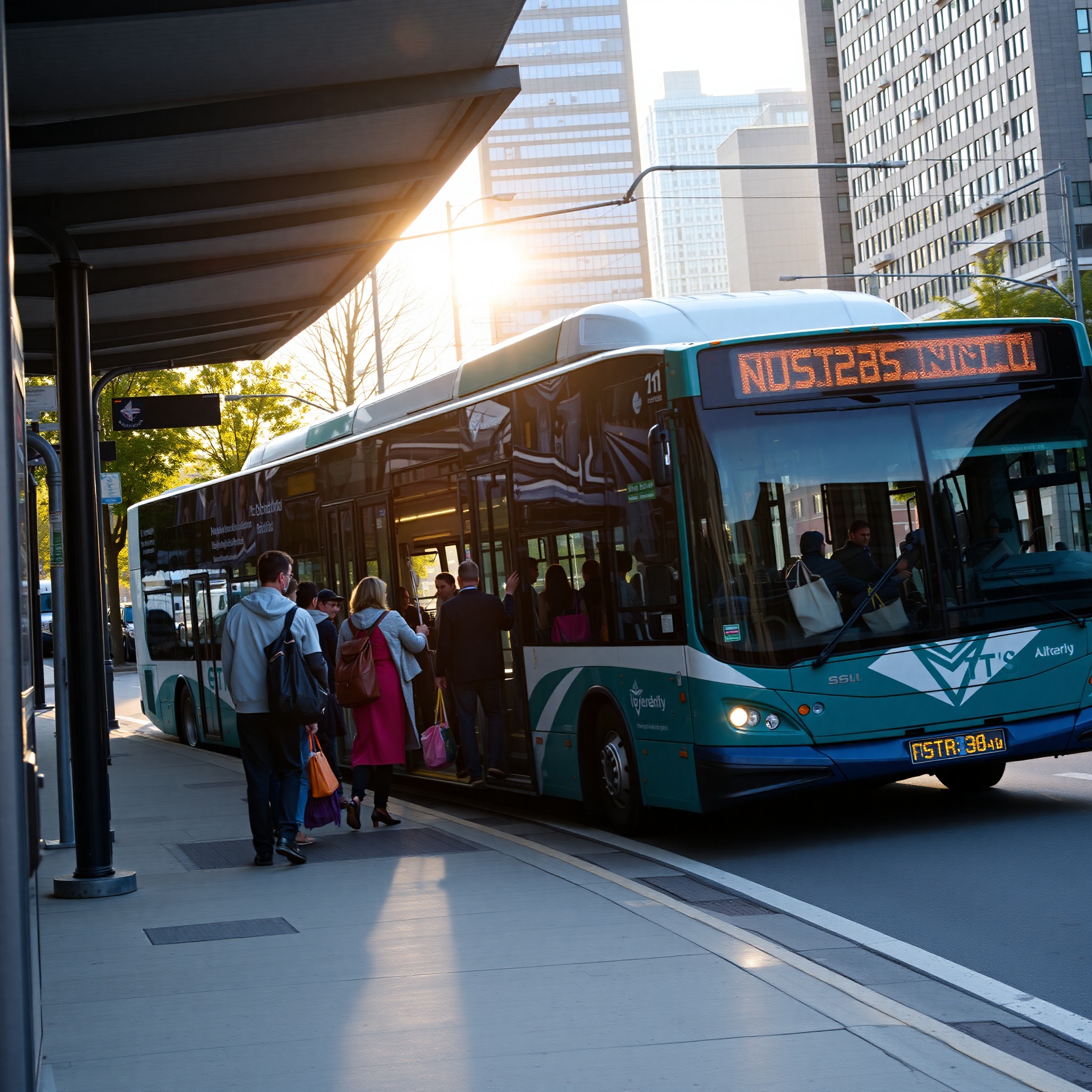 Professional photo of commuters boarding modern transit bus in Canadian city during morning rush hour