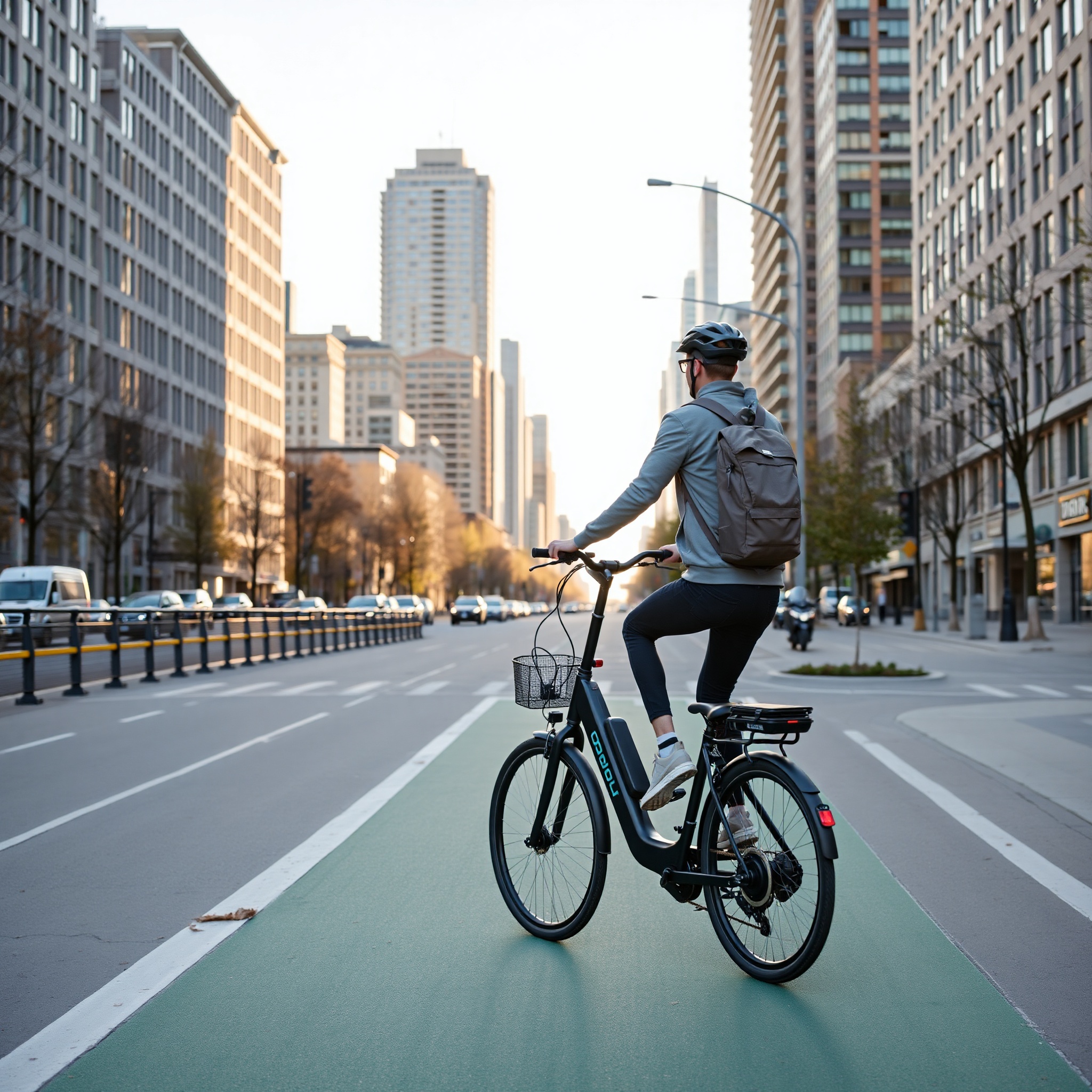 Professional photo of commuter riding electric bike on dedicated bike lane in Canadian urban area during morning