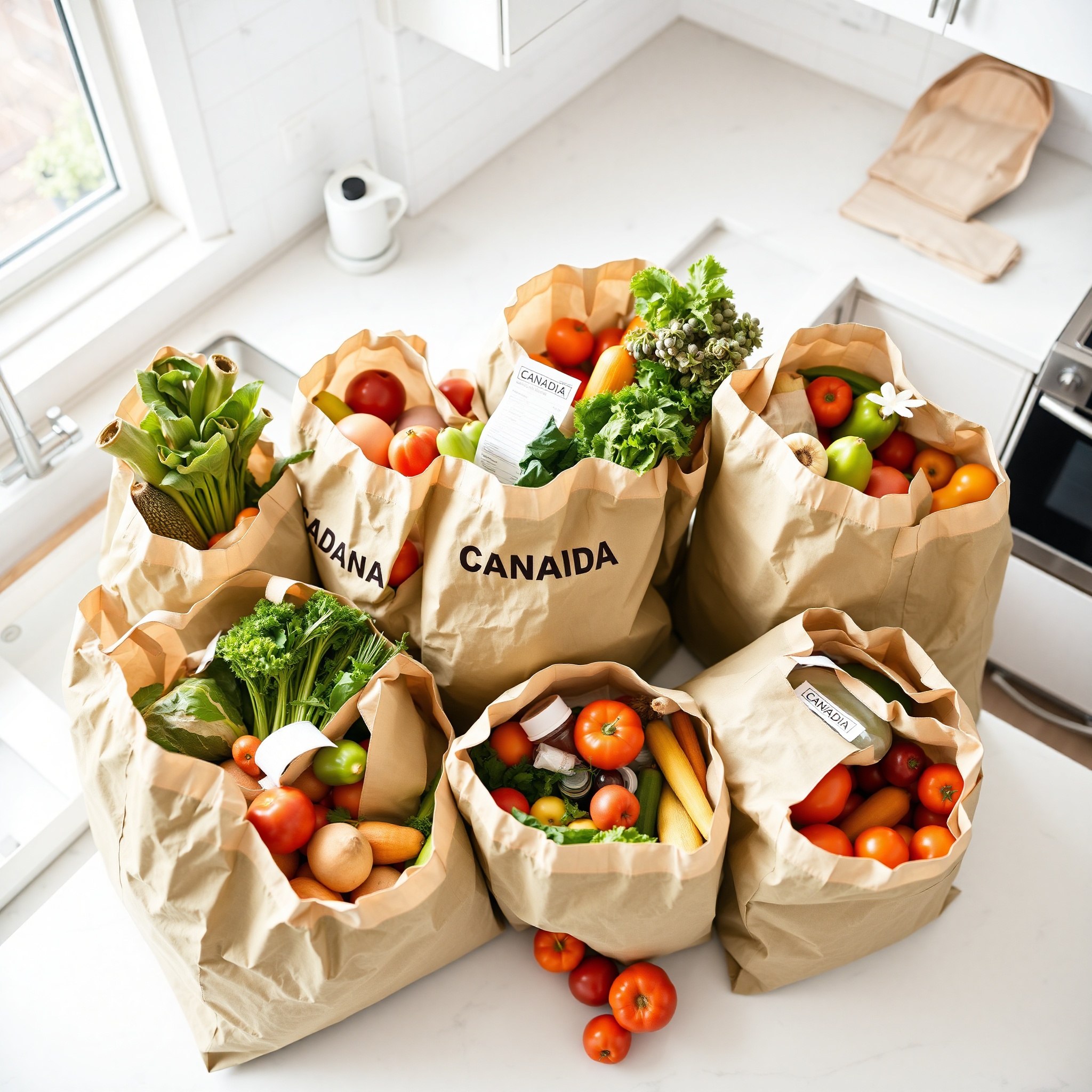 Grocery shopping bags on kitchen counter with fresh produce and receipts