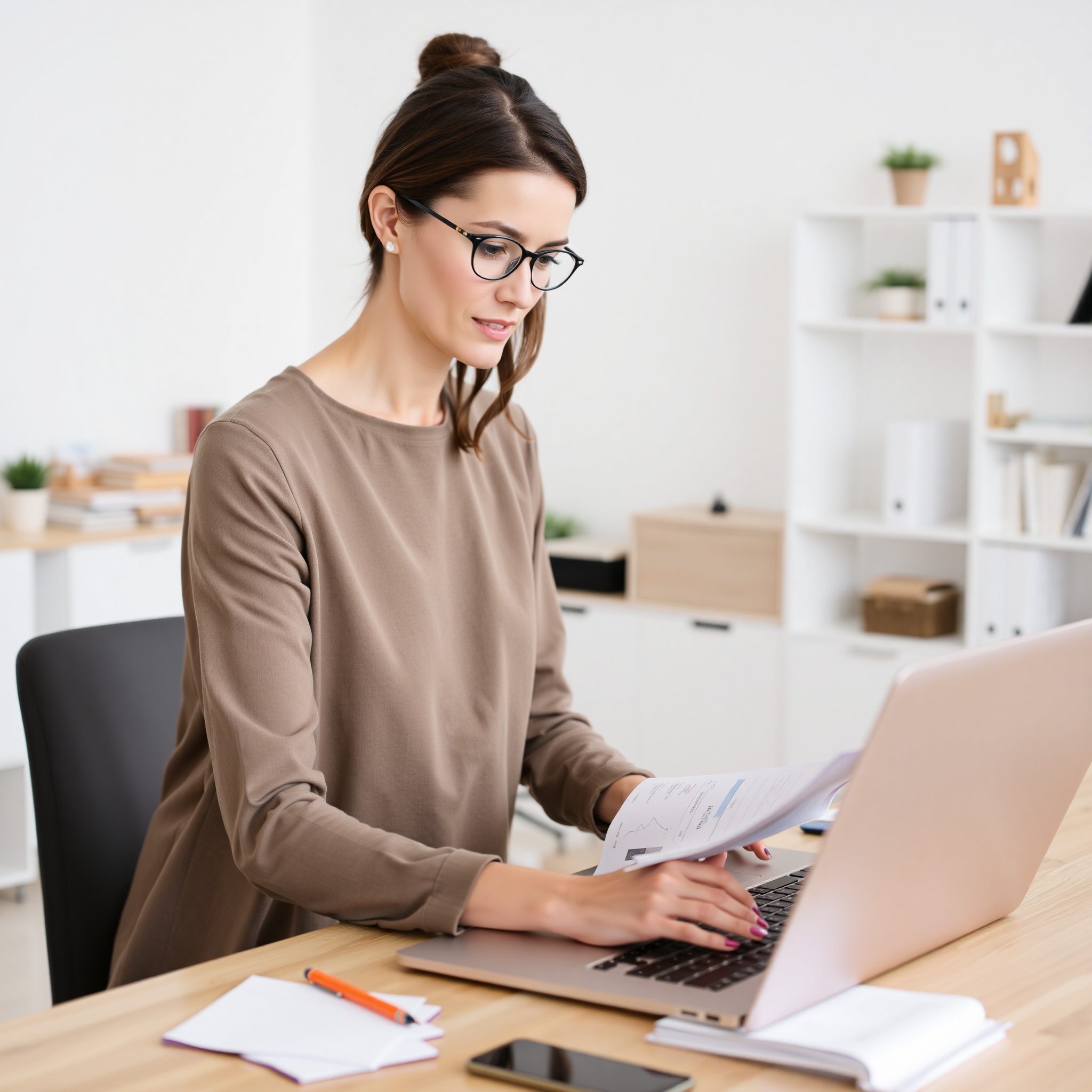 Professional woman reviewing subscription services and digital payments on laptop with notepad