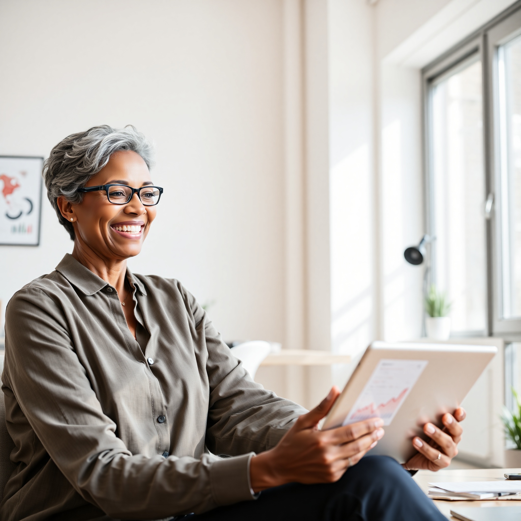Professional woman reviewing savings progress on tablet screen showing financial charts and goal achievements