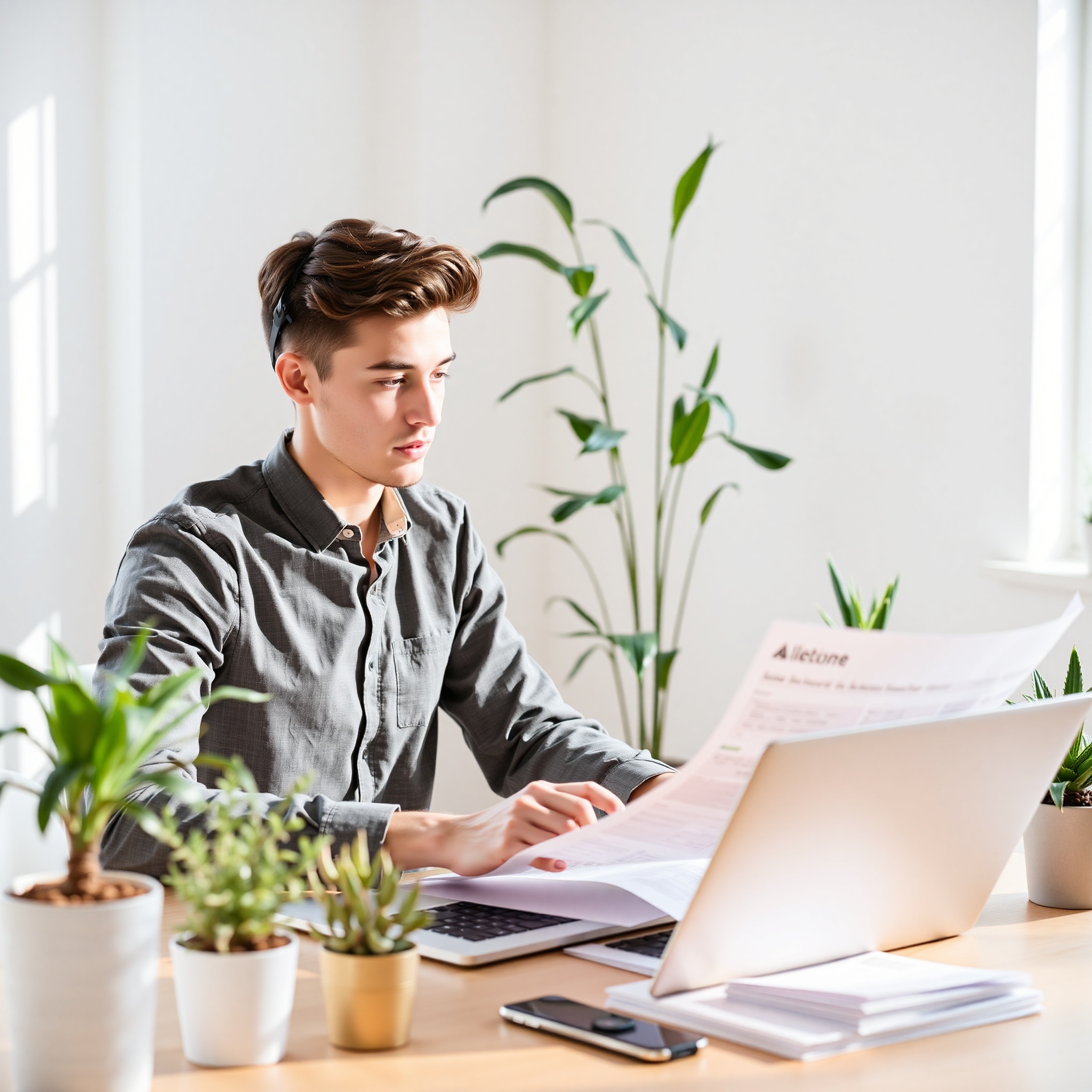 Young Canadian professional sitting at laptop reviewing utility bills and home expenses on screen